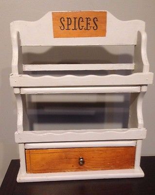 VINTAGE  WOOD Wall SPICE RACK 2 SHELF with Drawer