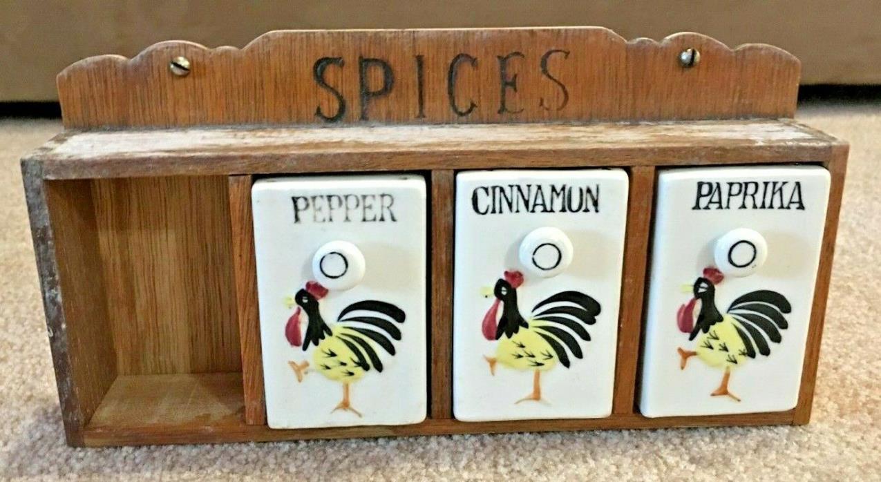 Vintage Wooden Spice Rack Ceramic Spice Shakers 1950's Japan Rooster Design Wall