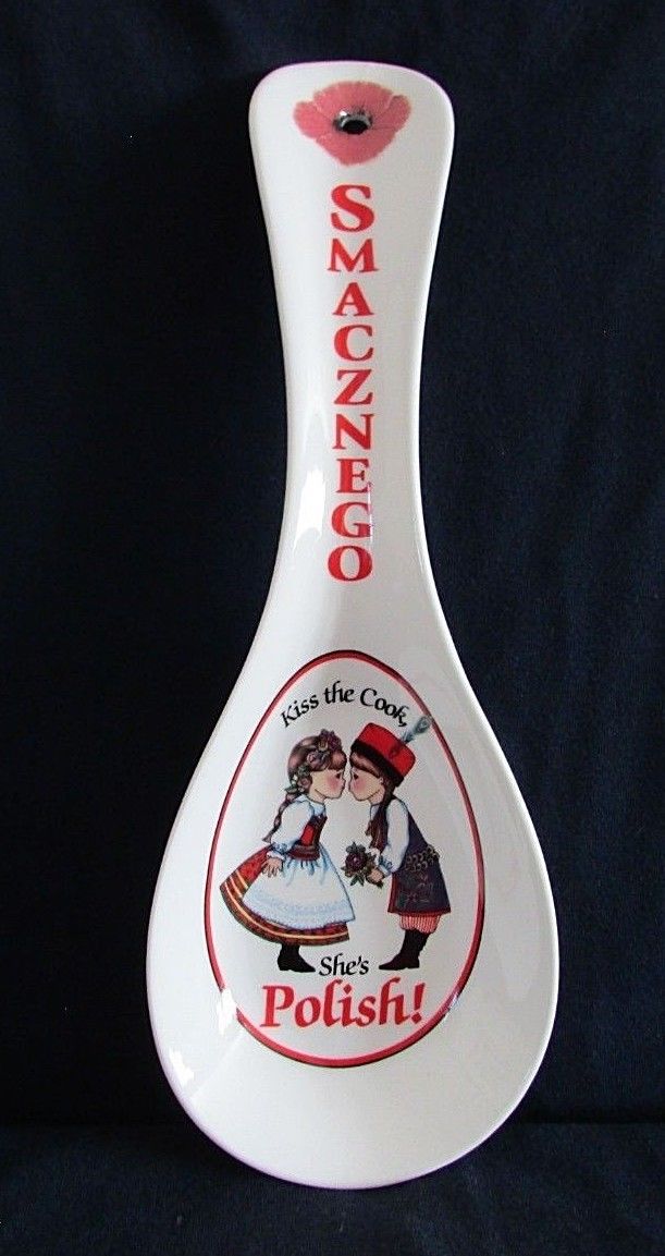 Spoon Rest, Kiss the Cook, She’s Polish! Kissing Couple Ceramic Smacznego