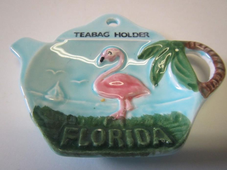 1960'S KITCHEN SOUVENIR STATE OF FLORIDA PINK FLAMINGO TEAPOT TEABAG HOLDER