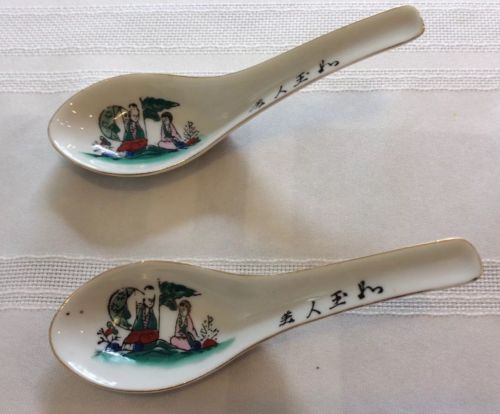 (2) Vintage Chinese F.S.Berkeley Spoon Rest Hand Painted 6x2