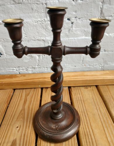 Vintage Carved Wooden 3 Arm Twisted Candelabra Candle Holders Church Medieval