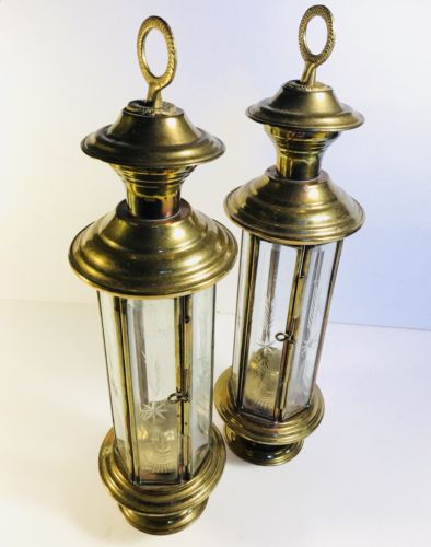 Vintage Brass Lantern PAIR Starburst Etched Glass Tall Candle Holder Mid Century