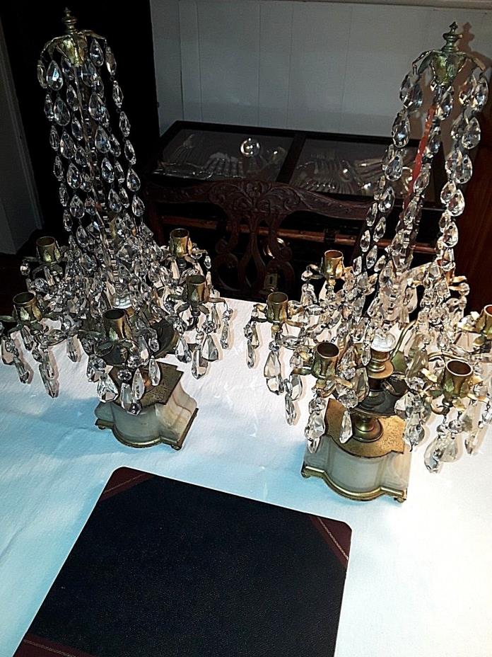 A Pair of Antique Crystal , Gilt Bronze ,and Marble Candelabras. 21 3/4