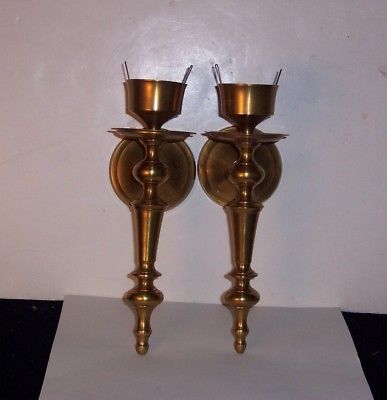 VINTAGE HEAVY MATCHED PR BRASS WALL SCONCES / CANDLE HOLDERS w/ CLIPS FOR SHADES