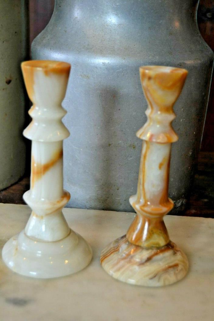 Pair Of Marble Alabaster Candlestick Holders 6 Inches Vintage Butterscotch