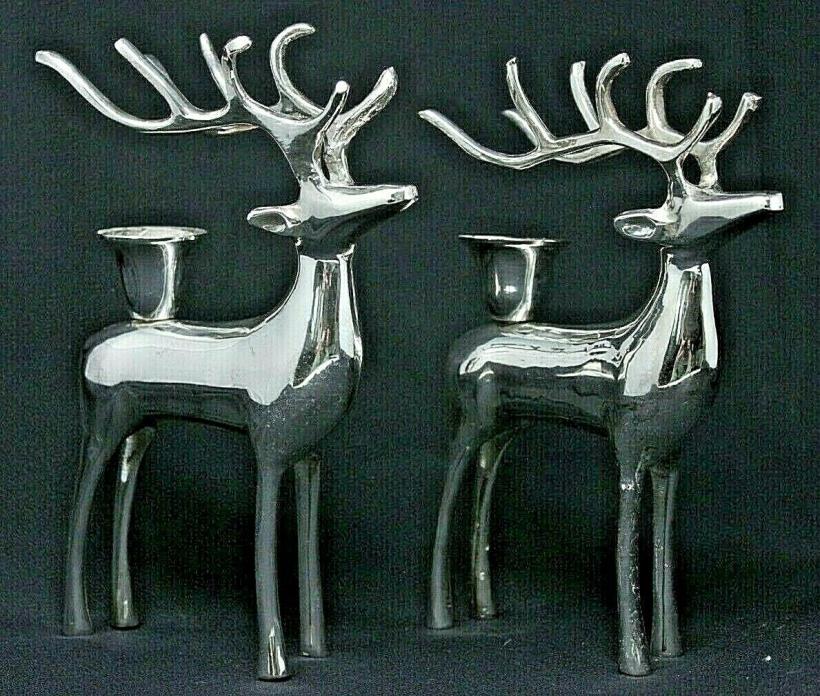 PAIR Cast Metal Reindeer Candle Holders, Modern Style Silver Tone, 8