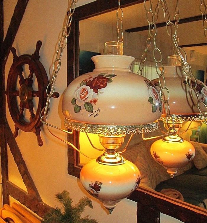 1980 Ceramic SWAG LAMP - Victorian or Old West Style with Roses and 11 ft Chain