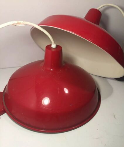 2 Vintage Candy Red Porcelain Enamel Light Barn Industrial USA