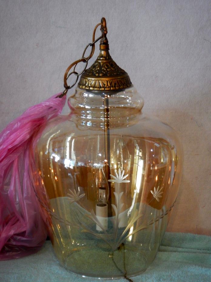 Elagant Irridesant Gold Etched Flowers Glass Globe Hanging Lamp