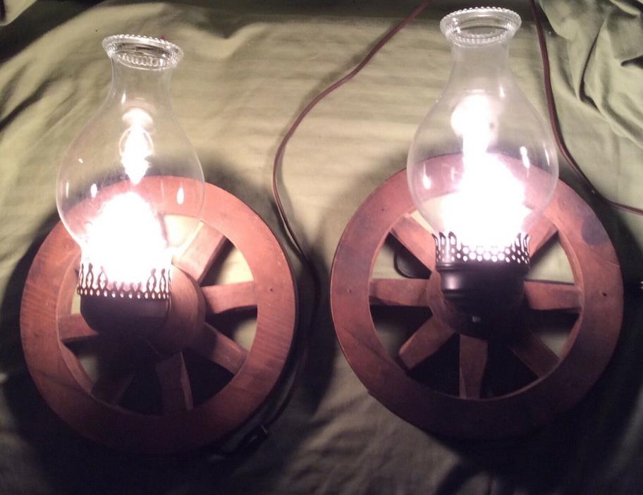 2 Western Wagon Wheel Wall Lights Hurricane Globe Country