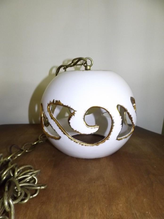 Vintage Mid Century Modern Swag Lamp White Ceramic Cut Gold Trim MOD