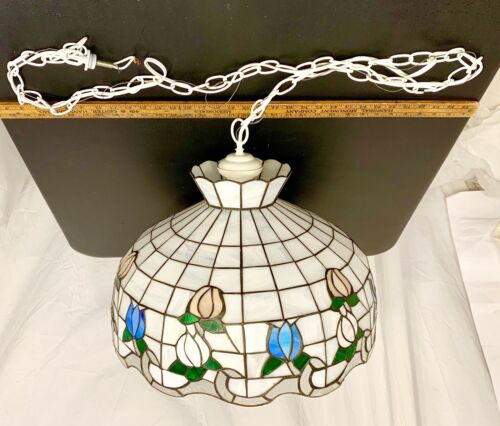 Large Vintage stained glass hanging lamp,Six light,floral Shade 20”Wide,5’chain