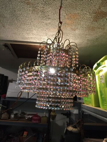Vintage Ceiling Light Lamp Fixture Chandelier Hanging Beaded Crystals Untested