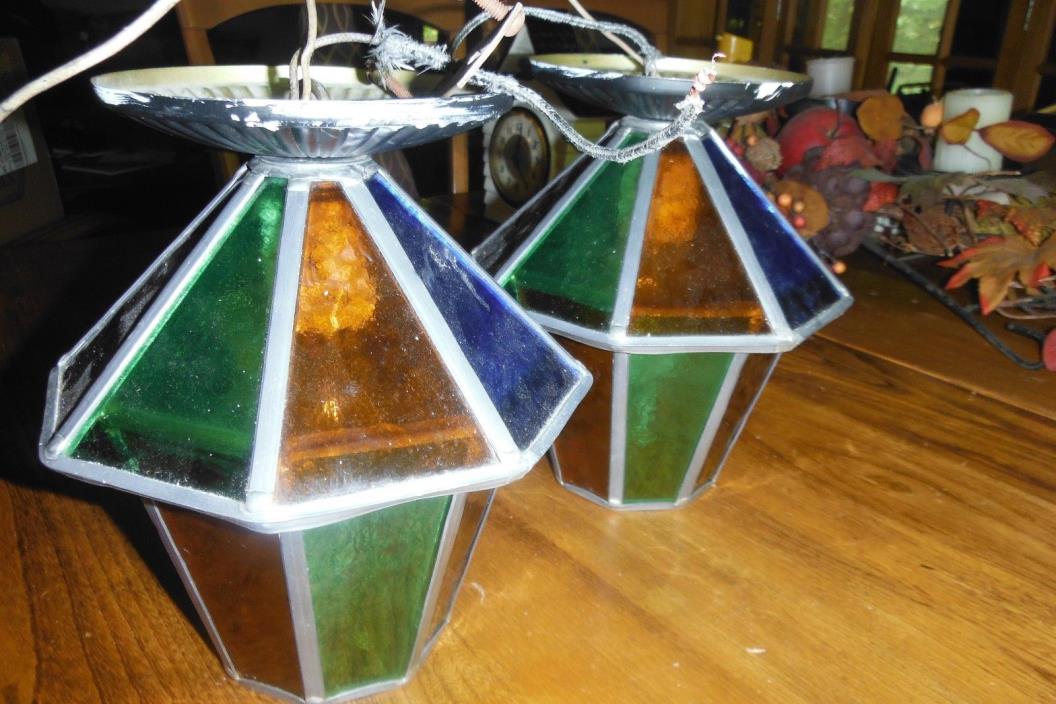 Vintage Danish Coach Style Leaded Slag Glass Ceiling Light Fixtures