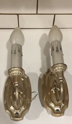 Early Brass sconces with light silver plating Wired Pair Antique Fixtures 30C