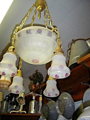 Antique Reverse Painted Puffy Light fixture with 4 matching shades. Center  9474