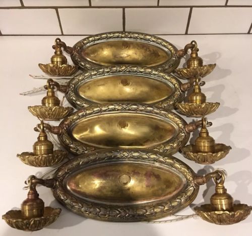 Set Of 4 Four Antique Flush Mount Fixtures Brass Wired Matching 35C