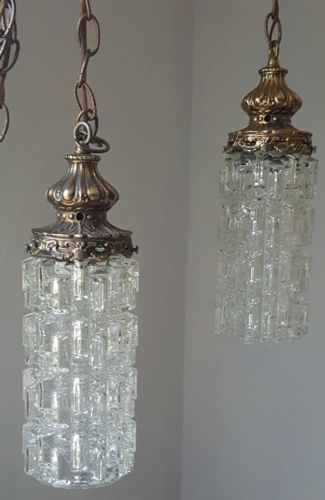 Mid Century Gold Ormolu Cubist Glass Double  Swag Hollywood Regency Lamp Lights