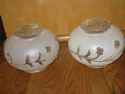 Vtg 40s Matched Set Antique Floral Victorian Ceiling Light Fixture Globe Shade
