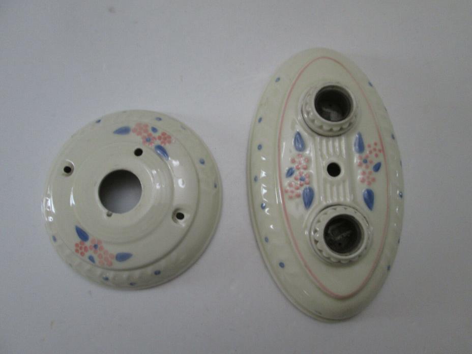 Vintage Set of 2 Porcelain Oval Light Fixture Double & Single Pink & Blue Floral