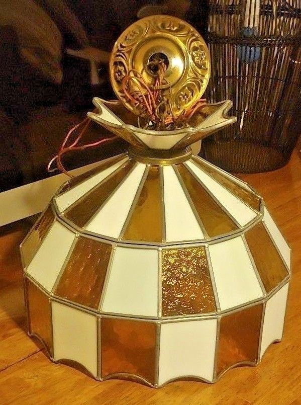 Vintage Stained Glass Retro Checkerboard Hanging Lamp Light, Amber & White