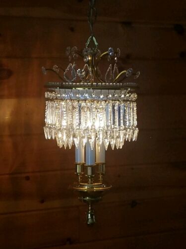 Vtg Hollywood Regency Crystal Hanging Chandelier Swag Light/Lamp