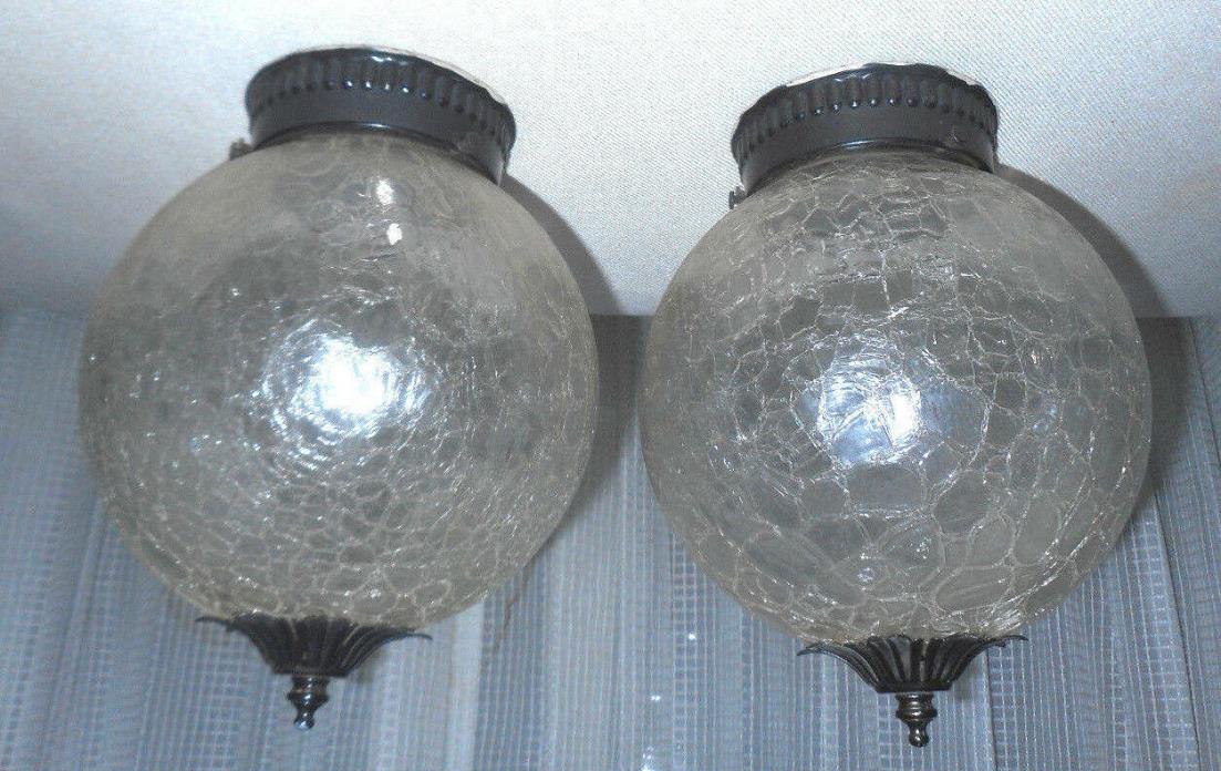 Vintage Crackle Glass Globe Ceiling Porch  Light Fixtures Set of 2 Good conditio