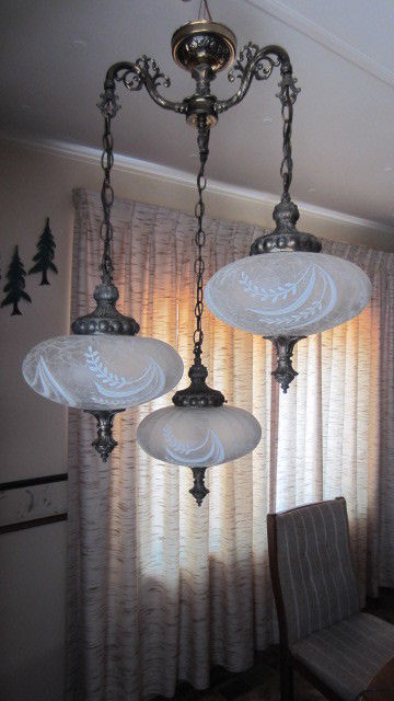 Vintage 3 Globe Brass & Saucer Globes Ceiling Light Fixture / Chandelier