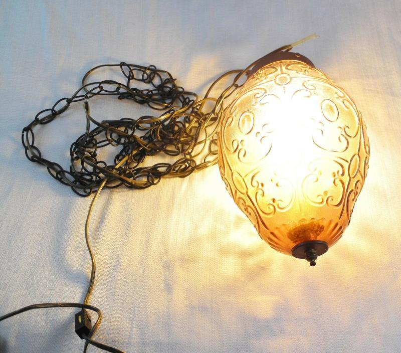 Vintage  Amber Glass Hanging Swag Pendant Lamp Light MID Hollywood