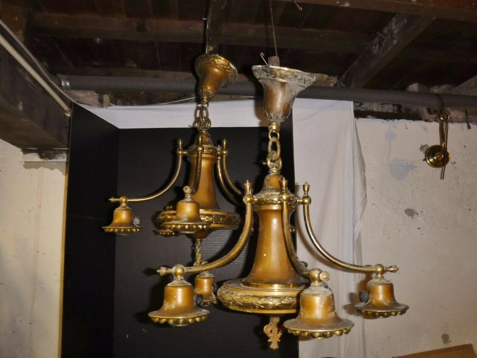 Matching Pair Antique Brass Ornate Victorian 5 Light Chandeliers