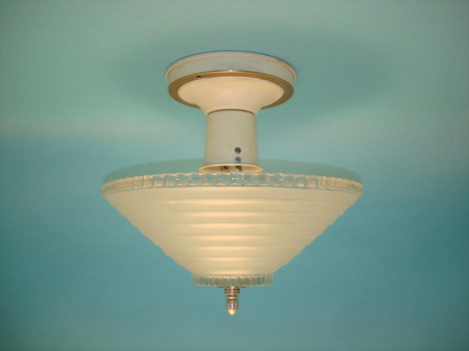 Art Deco Ceiling Fixture Frosted Glass with Concentric Circles 10 3/8” Diameter