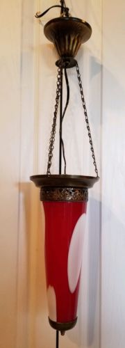 Vintage Art Glass Hanging Lamp - Cone Red and White Glass - Metal Filigree - Cha