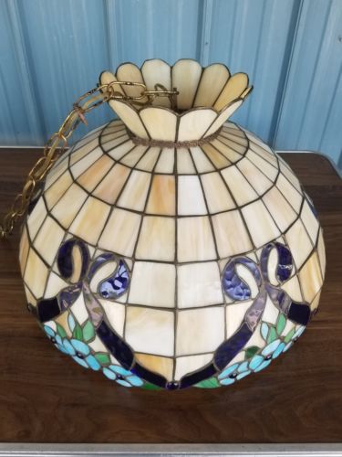 Vintage Stained Leaded Glass Embossed Pattern Hanging Lamp Shade Chandelier