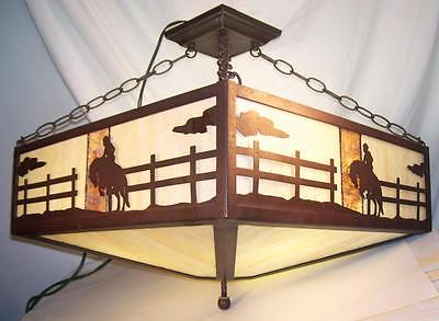 Slag Glass Ceiling Light Fixture Western Cowboy Horse Metal Silhouette Cameo
