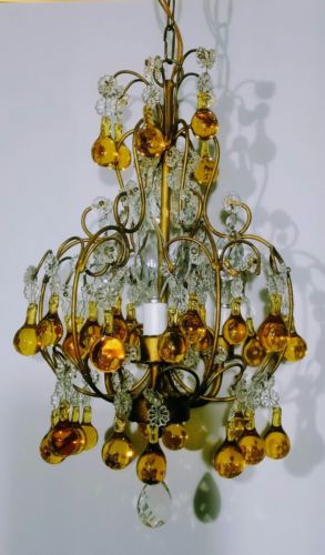 Vintage Petite Chandelier Crystal Amber Murano Glass Drops Italian Style Light