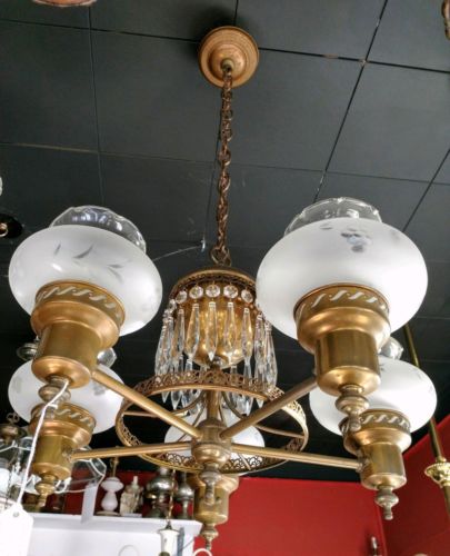 Vintage 1950s 5-Arm Brass Chandelier Ceiling Light Center Prisms etched shades
