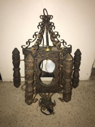 Vintage Mid Century Rustic Wooden And Metal Hanging Lamp Chandelier Farm House