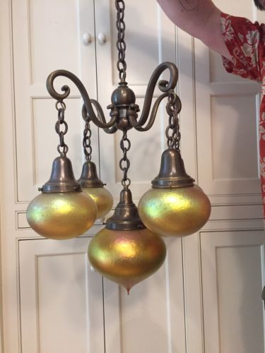 Vintage Brass 5 Light Art Nouveau Chandelier & Blown Lundberg Studios Shades