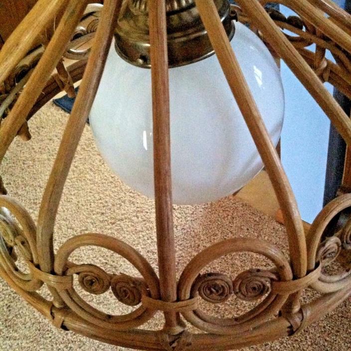Mid Century Bamboo Swag Hanging Light Lamp Patio Pool Sunroom White Glass Globe