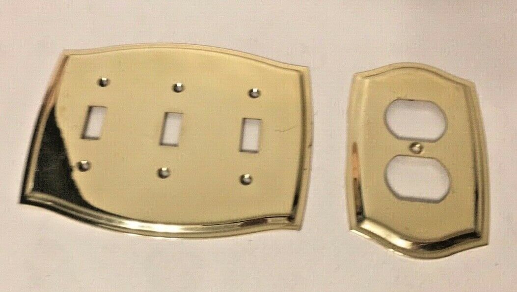 Vintage Brass Finished Triple Light Lamp Switch Plate Cover + Outlet Cover