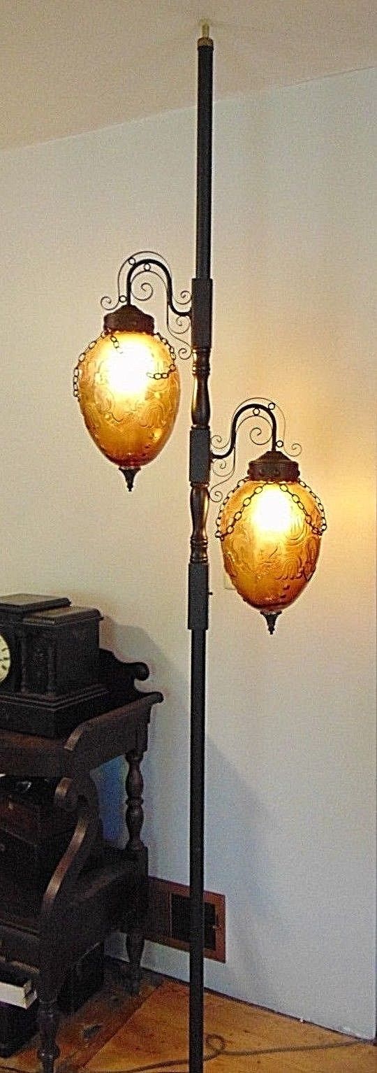 Mid Century Tension Pole Lamp Amber Glass Globes Wood spanish  Retro Light