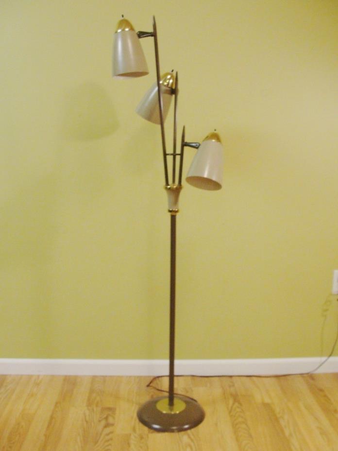 Vintage Retro 3-Light Floor Lamp Brown Brass Adjustable Tilt Shade Cone 3-arm