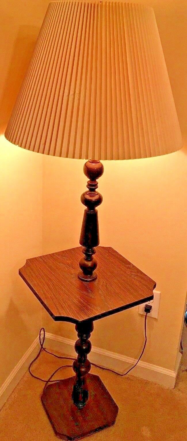 Vintage 1970s Wooden Floor Lamp With Wooden Table Original Pleated Shade