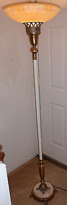 Vintage- Deco Torchiere Coin Floor Lamp with Caramel Embossed Floral Shade