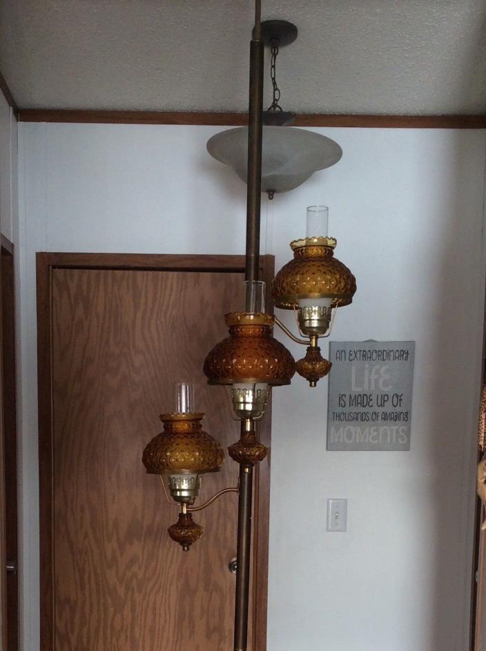 Vintage Tension Pole Lamp 60-70s Honey Amber 3 Light Fixture Lamp hurricane 7-9'