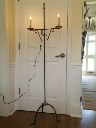 Antique  Torchiere Cast Iron Brass 2 Light Candelabra Floor Lamp