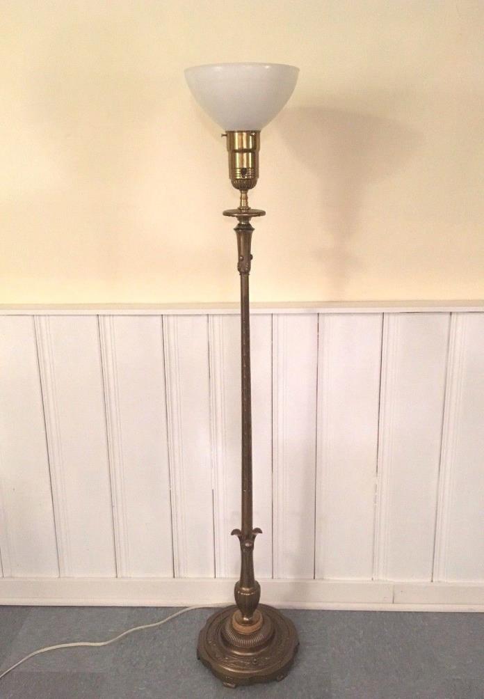Antique / Vintage Metal Torchiere Floor Lamp w/ Milk Glass Shade Lighted Base