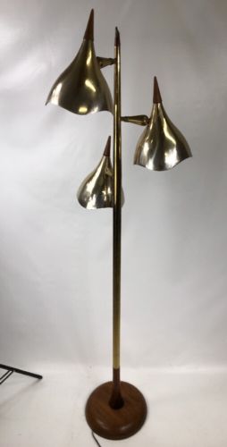 Mid Century Modern Gerald Thurston Three-Shade Teak / Brass Floor Lamp