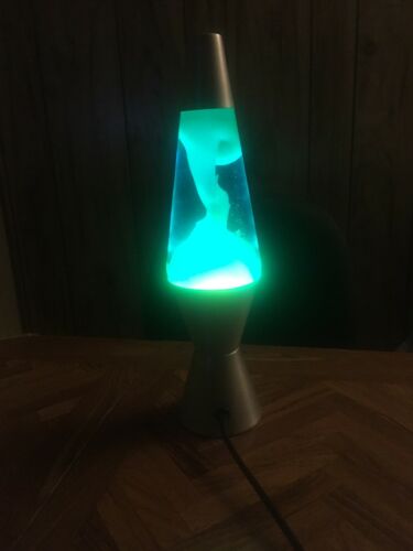 Lava Lamp with Green Wax Blue Liquid and Silver Base 14.5